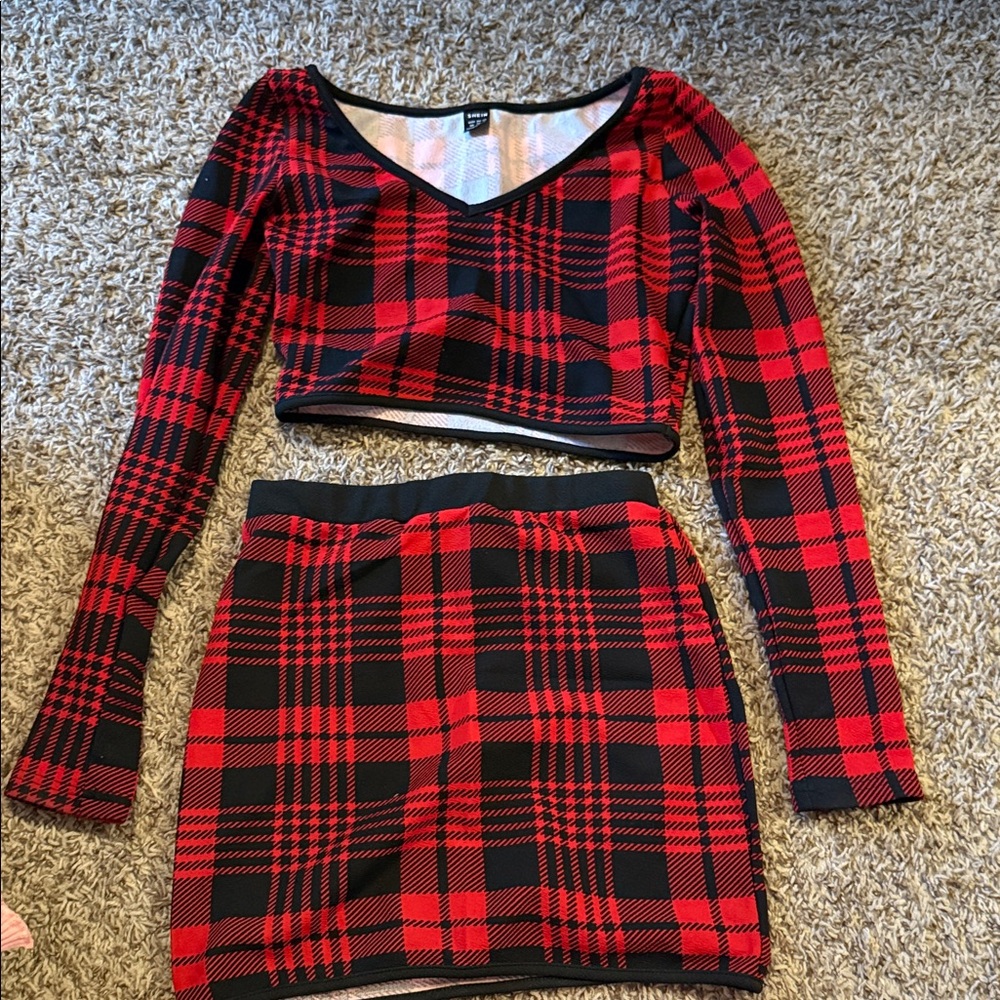 Red and Black Plaid Crop Top and Skirt Set